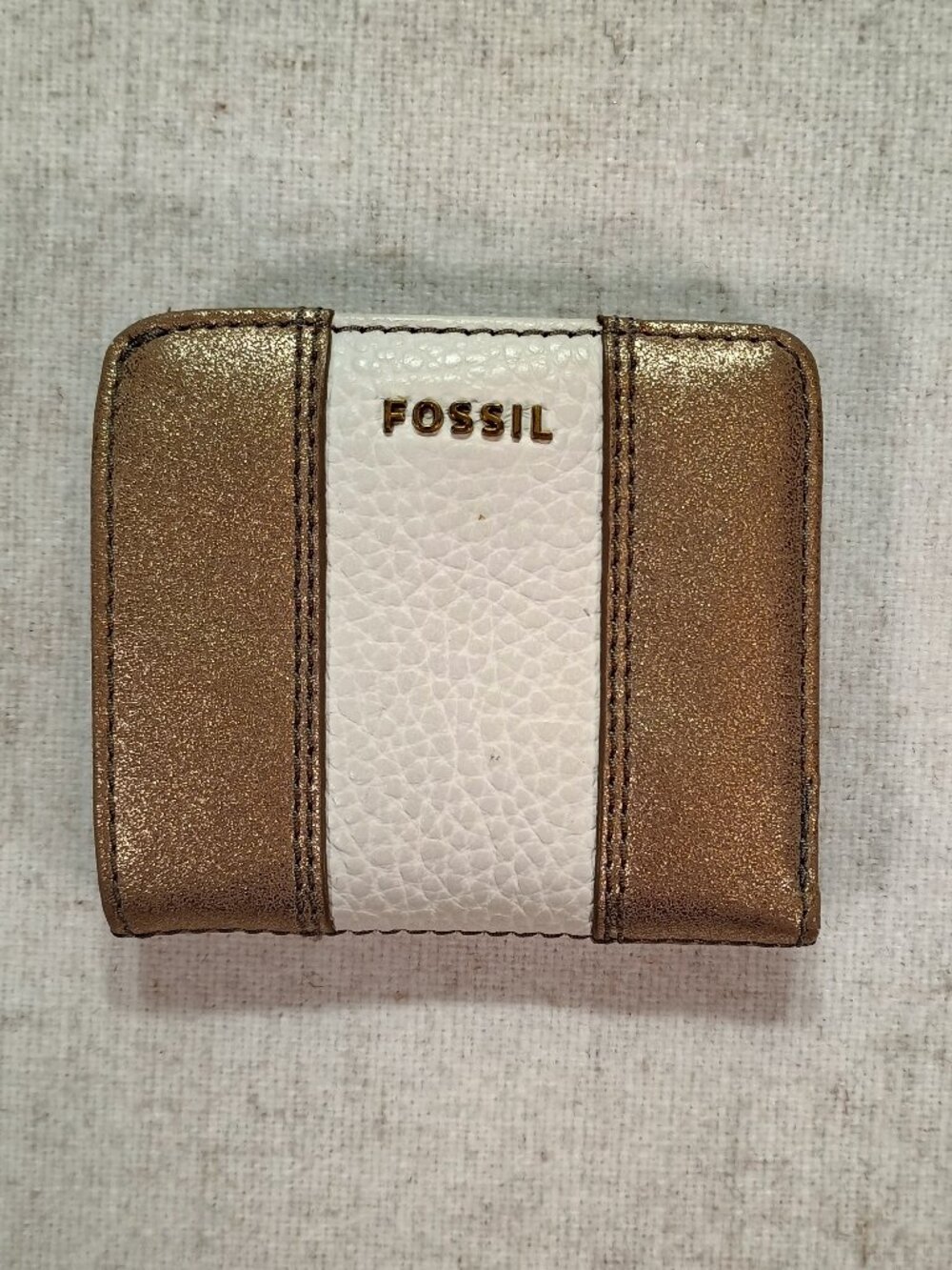 Fossil White & Metallic Bronze Leather Mini Wallet / Card Case